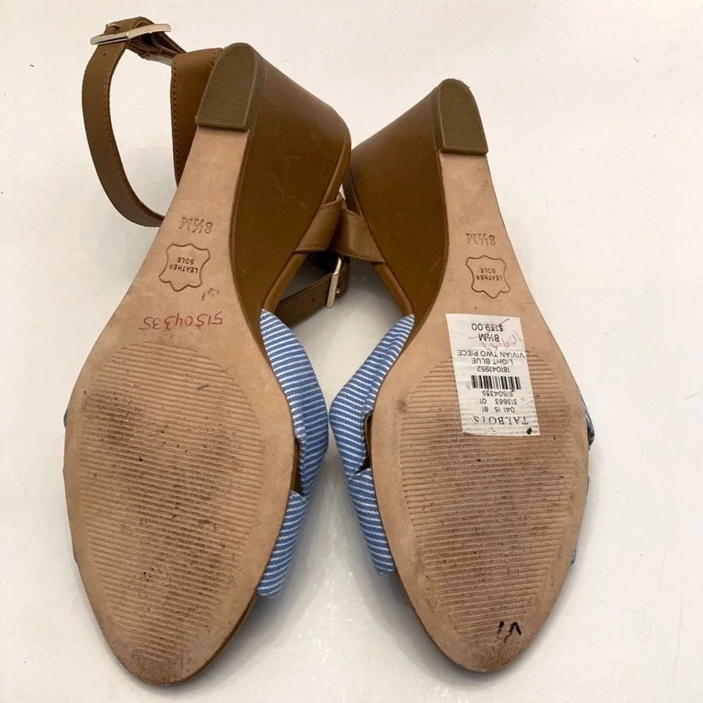 Talbots Vivian Blue Striped Sandal Tan Leather Ankle Strap Womens 8.5 Wedge Heel